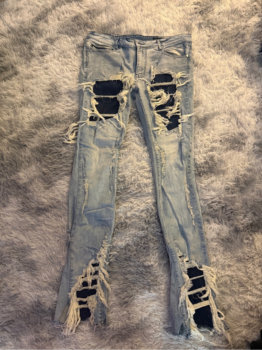 Light Blue Skinny Ripped Jeans with Dark Blue Underpatch Detail